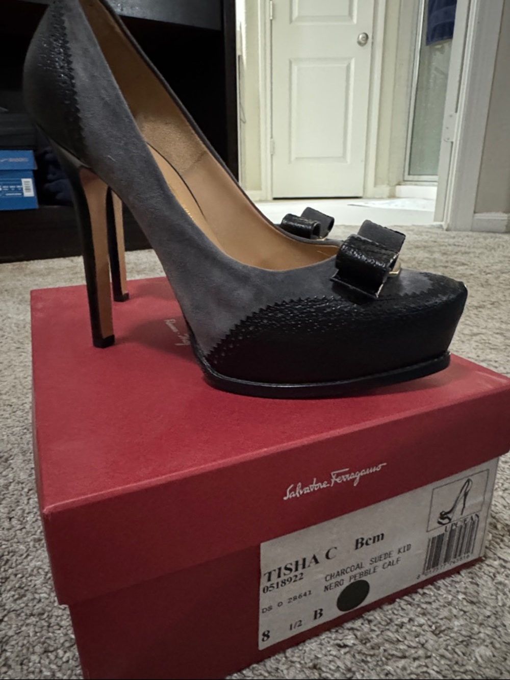 Salvatore Ferragamo Charcoal Gray and Black Suede Bow Pump